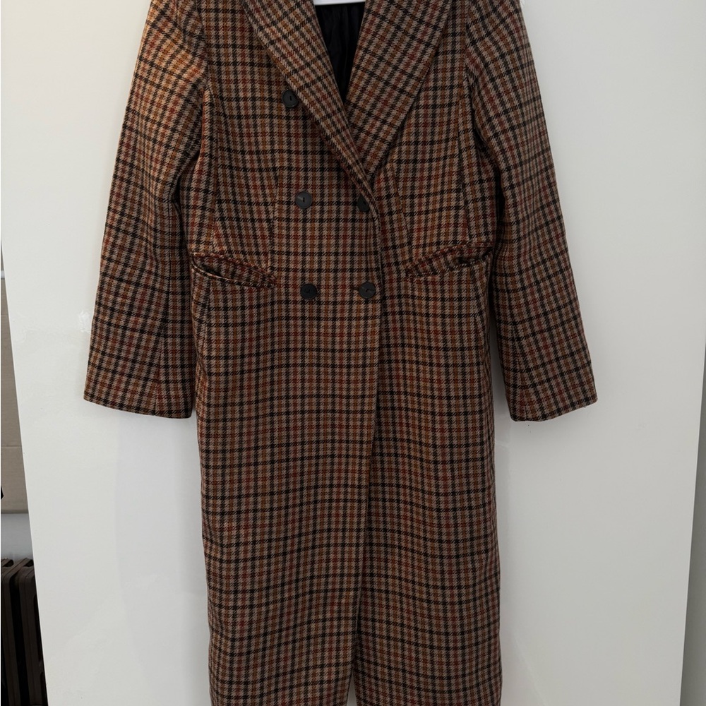 SANDRO Double-Breasted Long Plaid Coat in Brown - Picture 7 of 8